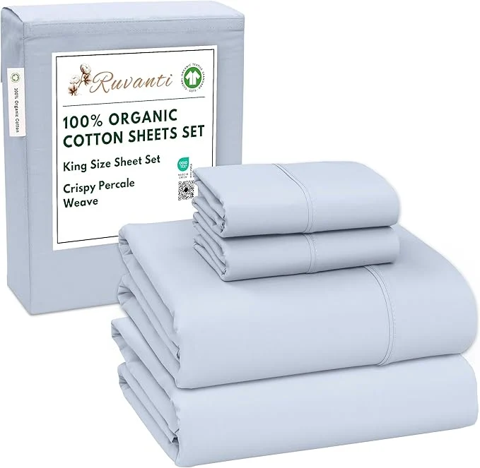 Original RUVANTI Organic Cotton Sheets King Size Percale Weave GOTS 4-Piece Set Deep Pocket 15 quot Crisp amp Breathable Soft Durable Bedding Sábanas Algodón Orgánico – Arctic Ice High-Quality