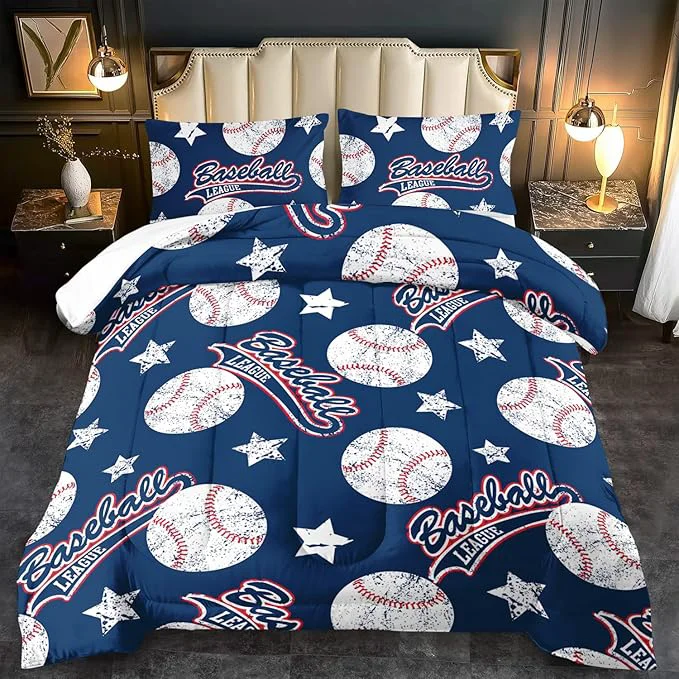 Environmentally Friendly Baseball Comforter Set King Sports Bedding Sets for Boys Blue Sports Comforter King Bedroom Decor Baseball Bedding Teen for All Seasons Blue Quilt Kids Bedroom Decor High-Grade