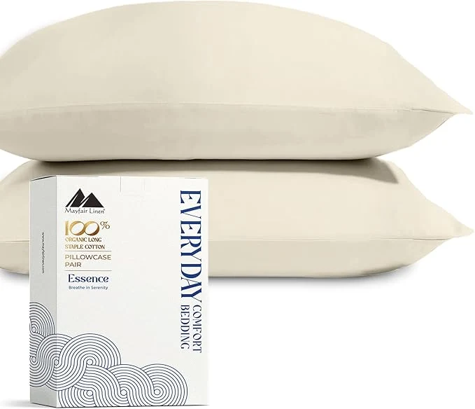 Superior Mayfair Linen Organic Cotton King Size Pillow Cases Set of 2 – Soft Hotel Quality Covers for King Size Pillows Ivory GOTS Crisp Cooling Percale Weave Cotton Pillowcases High-End