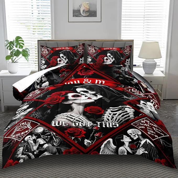 Stylish Red Skull Comforter Set Queen Size Women Men Black Goth Bedding Set Girls Gothic Queen Size Comforter Couple Red Rose Couple Bedding Boho Skull Quilt Bedroom Decor Dependable
