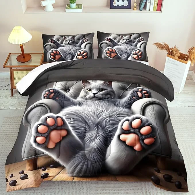 Top-Quality Cute Cat Comforter Set Twin Grey Kawaii Cat Bedding Set Adult Cute Animal Comforter for Boy American Shorthair Bedding Grey Kawaii Animal Print Quilt Bedroom Decor Kids Innovative
