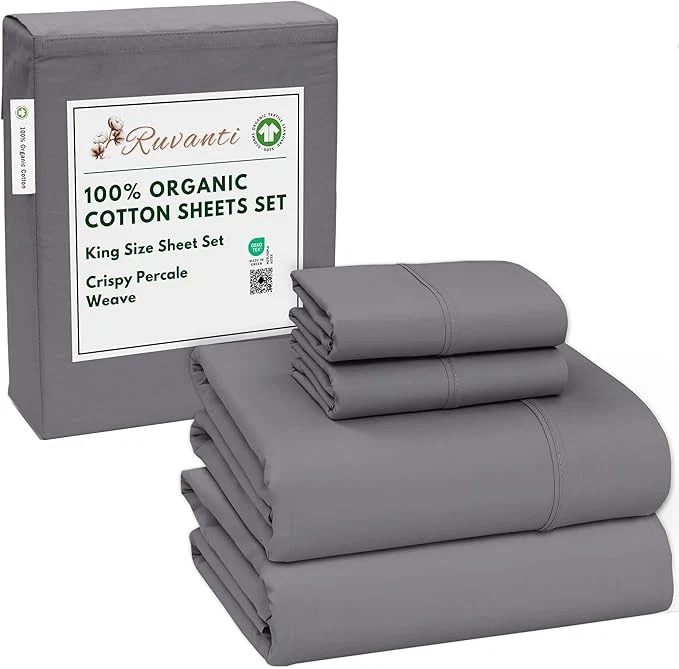 Unique RUVANTI Organic Cotton Sheets King Size Percale Weave GOTS 4-Piece Set Deep Pocket 15 quot Crisp amp Breathable Soft Durable Bedding Sábanas Algodón Orgánico – Silver Filigree Pure