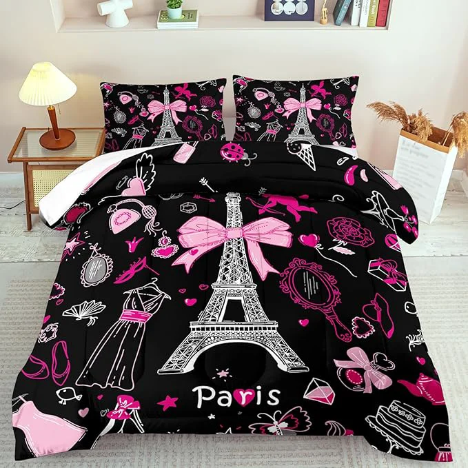 Organic Eiffel Tower Comforter Set Queen Size Eiffel Tower Bedding Set for Girls Pink and Black Paris Themed Comforter Bedroom Decor Paris Quilt French Style Romantic Bedding Refined