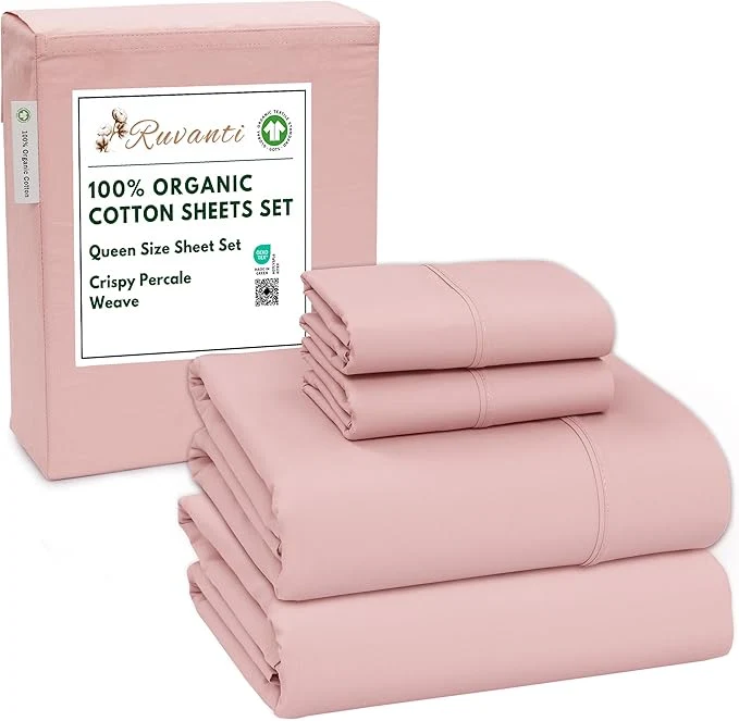 Reusable RUVANTI Organic Cotton Sheets Queen Size Percale Weave GOTS 4-Piece Set Deep Pocket 15 quot Crisp amp Breathable Soft Durable Bedding Sábanas Algodón Orgánico –Peach Skin Next-Generation