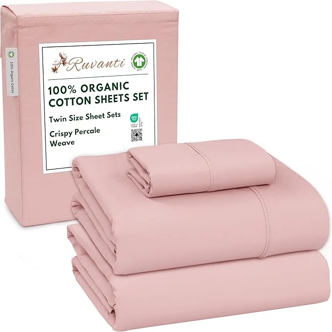 Luxury RUVANTI Organic Cotton Sheets Twin Size Percale Weave GOTS 3-Piece Set Deep Pocket 15 quot Crisp amp Breathable Soft Durable Bedding Sábanas Algodón Orgánico – Peach Skin Innovative