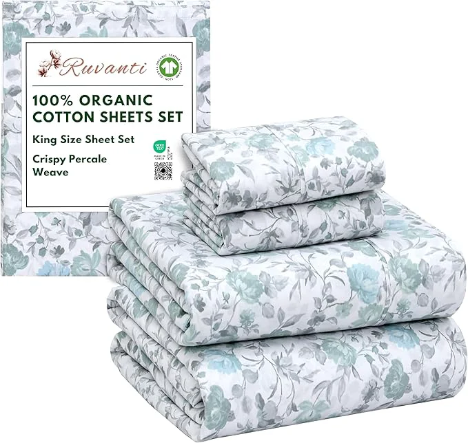 Exclusive RUVANTI Organic Cotton Sheets King Size Percale Weave GOTS 4-Piece Set Deep Pocket 15 quot Crisp amp Breathable Soft Durable Bedding Sábanas Algodón Orgánico – Cold Chrysanthemum Consistent
