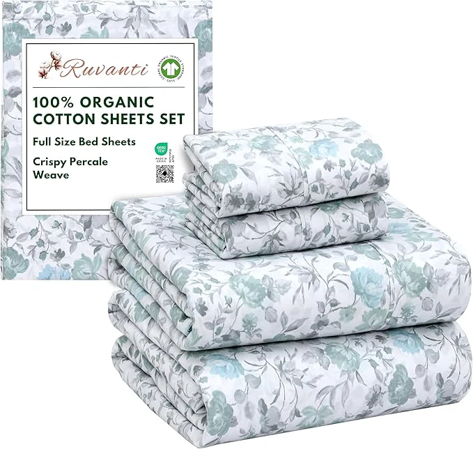 Genuine RUVANTI Organic Cotton Sheets Full Size Percale Weave GOTS 4-Piece Set Deep Pocket 15 quot Crisp amp Breathable Soft Durable Bedding Sábanas Algodón Orgánico – Cold Chrysanthemum Lightweight