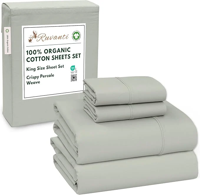 Clean RUVANTI Organic Cotton Sheets King Size Percale Weave GOTS 4-Piece Set Deep Pocket 15 quot Crisp amp Breathable Soft Durable Bedding Sábanas Algodón Orgánico – Mineral Gray Fast