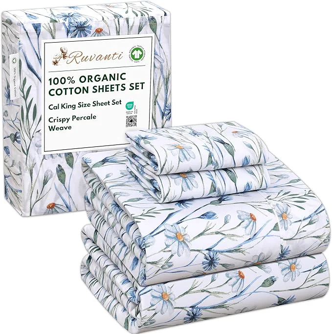 Smooth RUVANTI Organic Cotton Sheets California King Percale Weave GOTS 4-Piece Set Deep Pocket 13 quot Crisp amp Breathable Soft Durable Bedding Sábanas Algodón Orgánico – Daisy Bud High-End