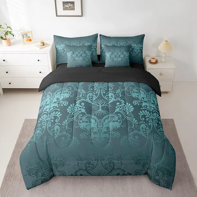 Natural Erosebridal Gothic Damask Bed in a Bag King Size Comforter Set 7 Pieces Sun Moon Tree of Life Bedding Sets Turquoise Victorian Floral Goth Sheet Set with Comforter Healthy