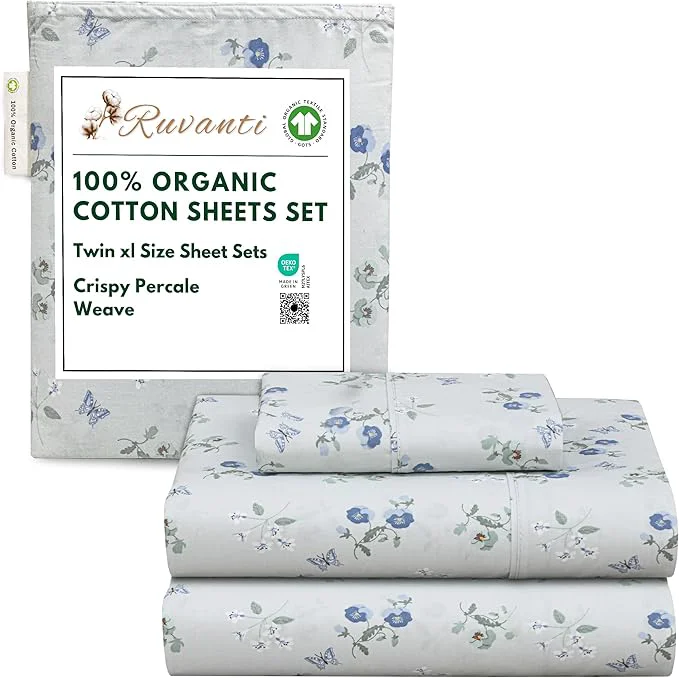 Premium RUVANTI Organic Cotton Sheets Twin XL Percale Weave GOTS 3-Piece Set Deep Pocket 15 quot Crisp amp Breathable Soft Durable Bedding Sábanas Algodón Orgánico – Butter Flight User-Friendly