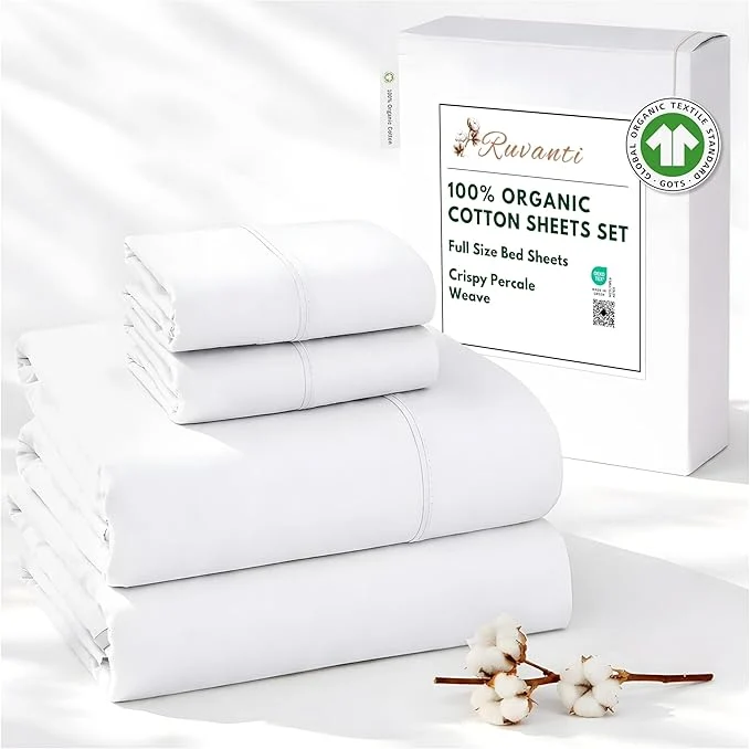 Carefully Designed RUVANTI Organic Cotton Sheets Full Size Percale Weave GOTS 4-Piece Set Deep Pocket 15 quot Crisp amp Breathable Soft Durable Bedding Sábanas Algodón Orgánico – Bright White Trendy