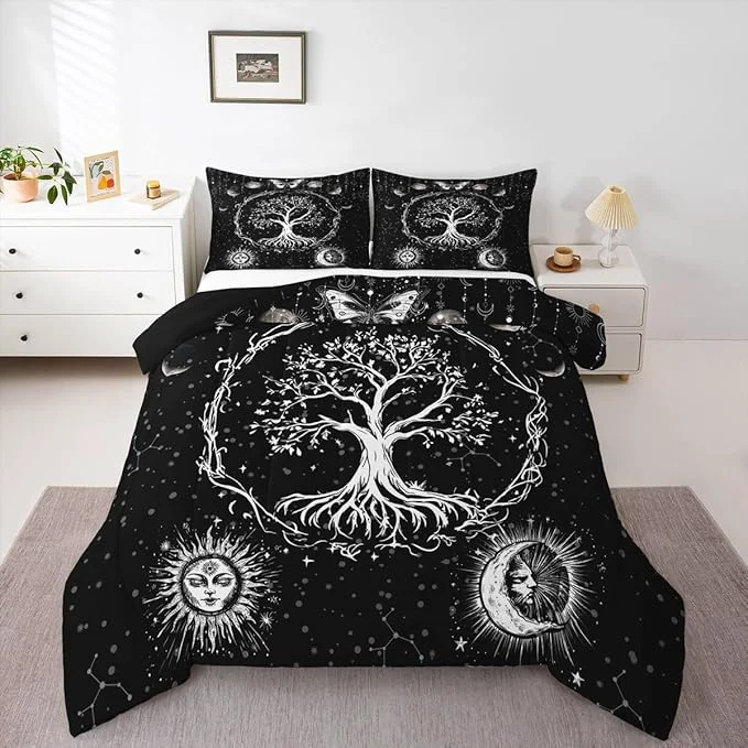 Professional Feelyou Sun and Moon Comforter Bohemian Tree Butterfly Style Bedding Set Psychedelic Hippie Comforter Set for Boys Girls Children Teens Bedroom Decor Galaxy Astrology Duvet Set Queen Size Minimalist