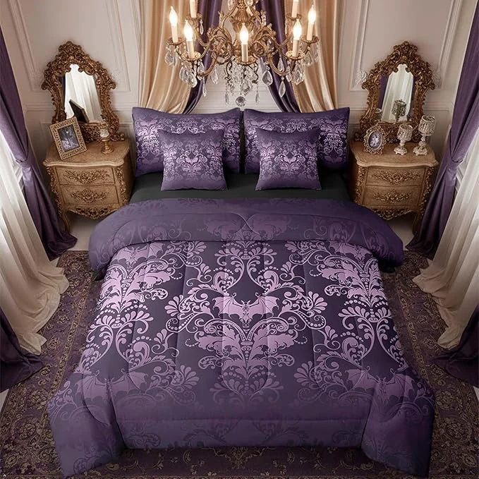 High-Quality Erosebridal Gothic Damask 7 Piece Comforter Set Full Bed in a Bag Halloween Bat Bedding Sets Purple Victorian Floral Goth Sheet Set with Comforter Official