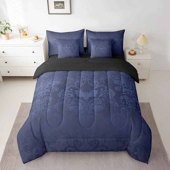 Healthy Erosebridal Gothic Damask Bed in a Bag King Size Comforter Set 7 Pieces Halloween Bat Bedding Sets Azure Blue Victorian Floral Goth Sheet Set with Comforter Reusable