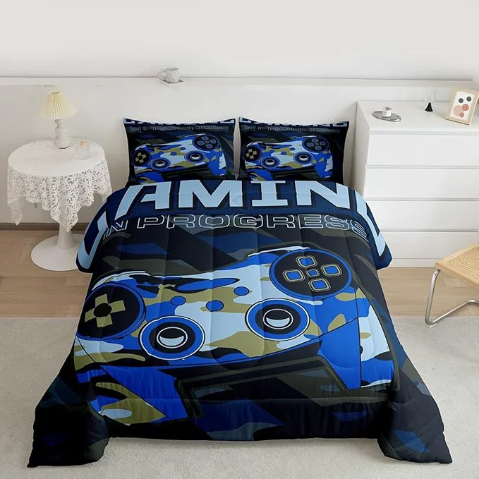 Optimized Feelyou Boys Gaming Comforter Set Toddler Size Teens Gamer Bedding Set Retro Blue Camouflage Video Game Controller Comforter for Kids Youth Bedroom Decor Gamer Console Action Buttons Duvet Set Excellent
