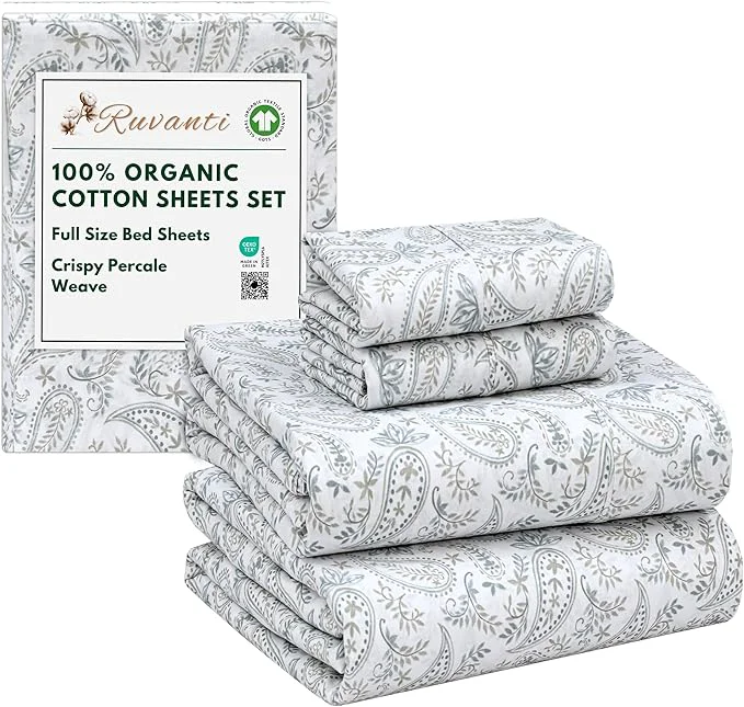 World-Class RUVANTI Organic Cotton Sheets Full Size Percale Weave GOTS 4-Piece Set Deep Pocket 15 quot Crisp amp Breathable Soft Durable Bedding Sábanas Algodón Orgánico – Ornate Oasis Luxury