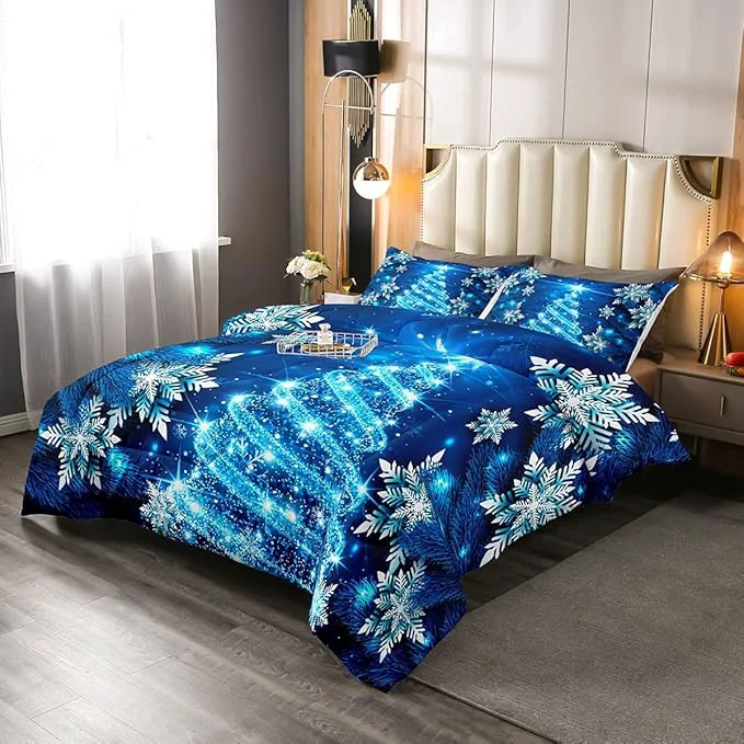 Trendy Feelyou Girls Christmas Tree Comforter Set Blue Xmas Theme Comforter Twin Chic Winter Snowflake Bedding Set for Girls Daughter Bedroom Decor Soft Girly Glitter Quilted Duvet Winter Warm Bedding Specialty
