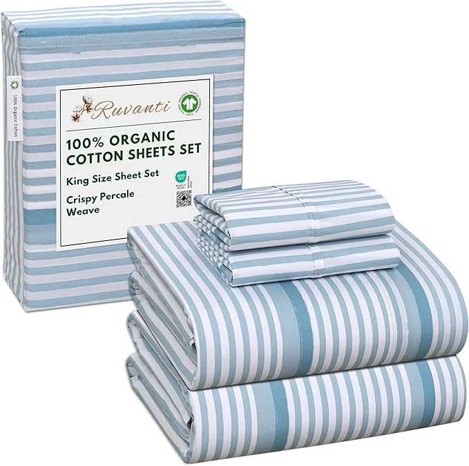 RUVANTI Organic Cotton Sheets King Size Percale Weave GOTS 4-Piece Set Deep Pocket 15 quot Crisp amp Breathable Soft Durable Bedding Sábanas Algodón Orgánico – Nautical Stripes Selected