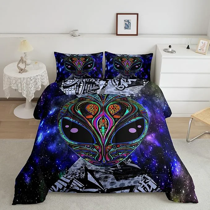Original Feelyou Trippy Alien Comforter Set King Size Kids Boys Galaxy Hippie Graffiti Set Psychedelic Alien Outer Space Comforter Purple Room Decor Bohemian Alien Quilted Bed Sets Adults Men Multicolor Durable