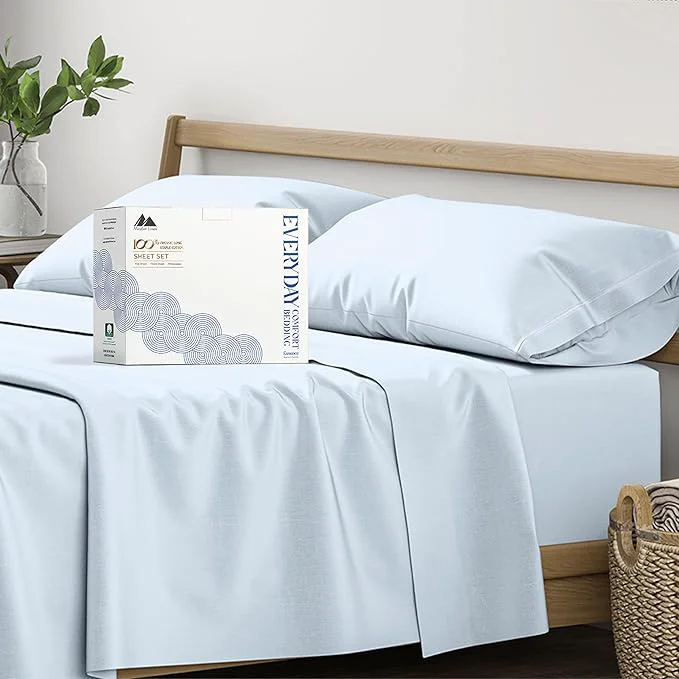 Verified Mayfair Linen Organic Cotton Sheets Twin XL Size – 3 PC Organic Cotton Percale Sheets Twin XL Set Light Blue Soft Crisp Cooling Bedsheets 16 quot Deep Pocket Hotel Bedding – GOTS Certified