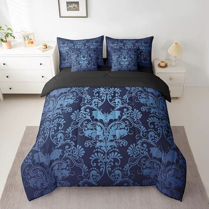 Long-Lasting Erosebridal Gothic Damask Bed in a Bag Queen Comforter Set 7 Piece Halloween Bat Bedding Sets Blue Victorian Floral Goth Sheet Set with Comforter Versatile