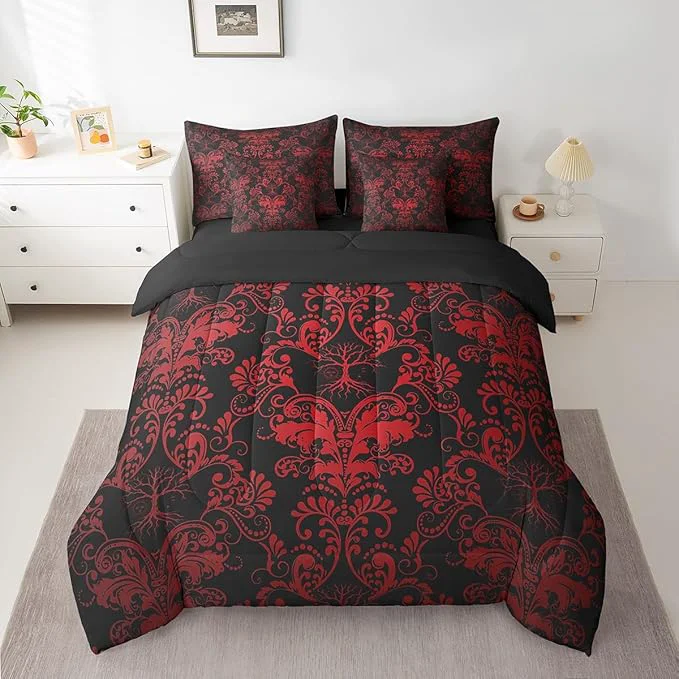 Unique Erosebridal Gothic Damask Bed in a Bag King Size Comforter Set 7 Pieces Sun Moon Tree of Life Bedding Sets Red Black Victorian Floral Goth Sheet Set with Comforter Fine Crafted