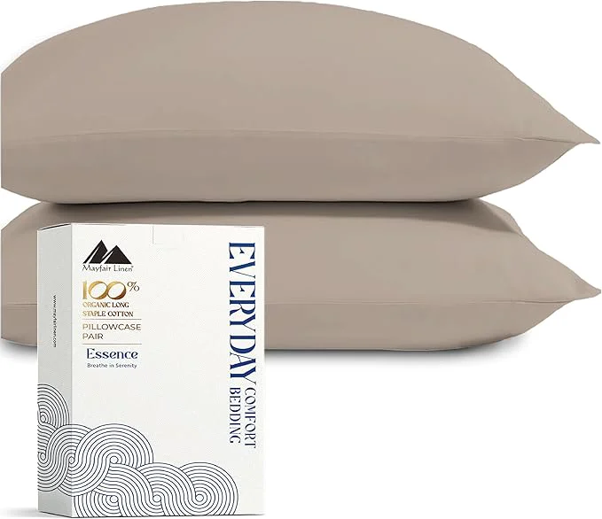Proven Mayfair Linen Organic Cotton Percale Pillow Cases Queen Standard Size Set of 2 – Percale Pillowcovers Standard Queen Taupe Soft Cooling Pillow Case for Sleeping Cotton Pillowcases Convenient