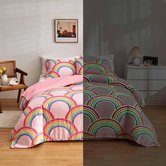 Traditional Feelyou Rainbow Glow in The Dark Comforter Set for Girls Kids Full Pink Rainbow Bedding Set Super Soft Colorful Stripe Mermaid Scales Comforter Baby Girl Bedroom Pink Decor Bedding Quilted Duvet Crafted
