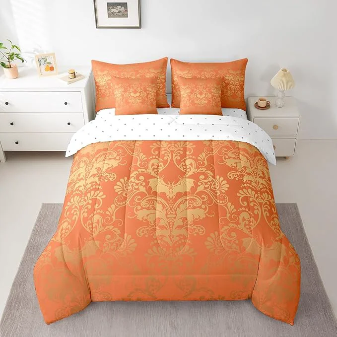 Proven Erosebridal Gothic Damask Bed in a Bag King Size Comforter Set 7 Pieces Halloween Bat Bedding Sets Orange and Yellow Victorian Floral Goth Sheet Set with Comforter Classic