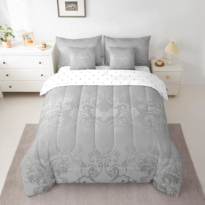 Eco-Friendly Erosebridal Gothic Damask Bed in a Bag King Size Comforter Set 7 Pieces Halloween Bat Bedding Sets Grey Victorian Floral Goth Sheet Set with Comforter Fashionable
