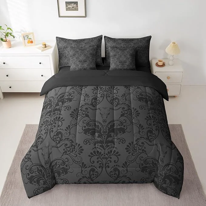 Environmentally Friendly Erosebridal Gothic Damask Bed in a Bag King Size Comforter Set 7 Pieces Longhorn Skull Bedding Sets Black Grey Victorian Floral Goth Sheet Set with Comforter Sustainable