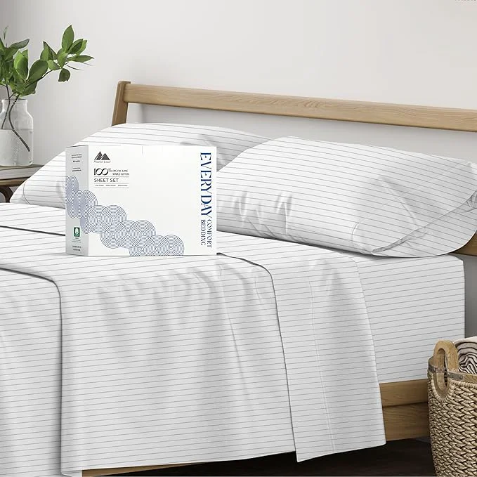 Smart Mayfair Linen Organic Cotton Printed Sheets Queen Size – Percale Weave Cotton Queen Size Sheet Set 4 PC Light Grey Pinstripe Soft amp Crisp GOTS Cooling Sheets 16 quot Deep Pocket Luxury