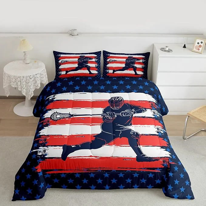 Trendy Feelyou Lacrosse Comforter Set Toddler Size Boys Gilrs American Flag Sports Theme Bedding Set for Kids Adults Ultra Soft Lacrosse Player Games Comforter Navy Blue Duvet Set Room Decor Quilt Set Authentic