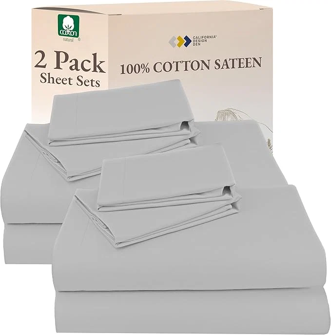 Artisan California Design Den Cotton 2-Pack Queen Size Sheet Set – Soft amp Durable Sateen Deep Pocket Queen Sheets Light Grey Flexible