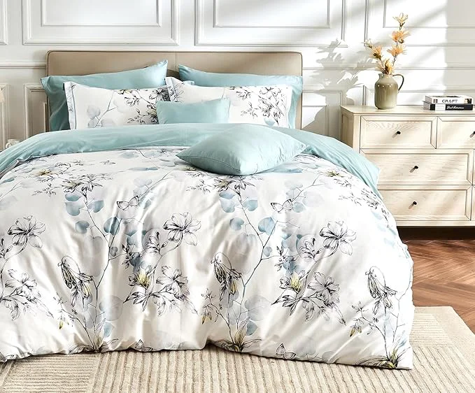 Functional Queen Size Duvet Cover Set with Button Closure – Light Blue and Yellow Botanical Luxury Bedding for a Comfortable Sleeping Reliable