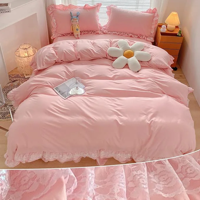 Exclusive MOOWOO Chic Ruffle Lace Polyester Duvet Cover Set -Girl Pink Bedding-3 Piece Full Duvet Cover with Zipper Closure -Ultra Soft and Light Weight Pink Full Minimalist