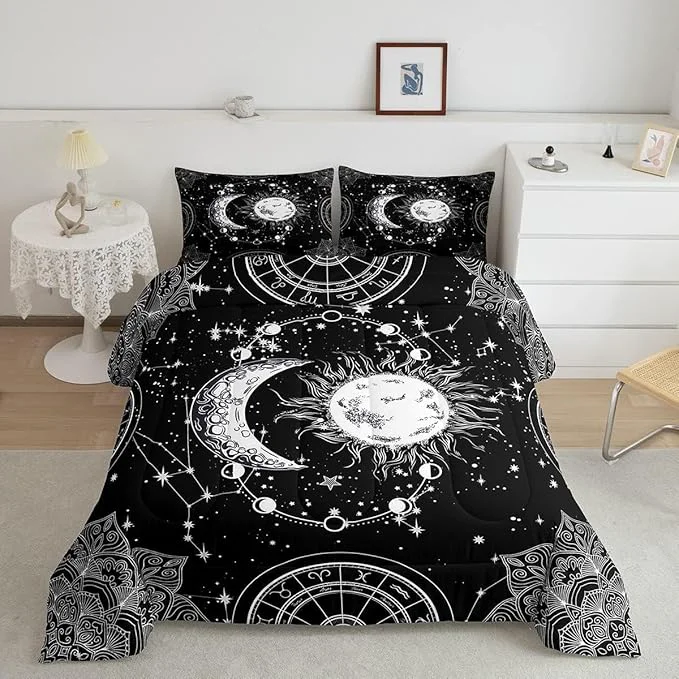 Durable Sun and Moon Bedding Set Constellation Galaxy Comforter Set for Kids Boys Girls Teens Psychedelic Boho Mandala Comforter Breathable Celestial Duvet Set Black White Room Decor Quilt Cover Toddler Size Pure
