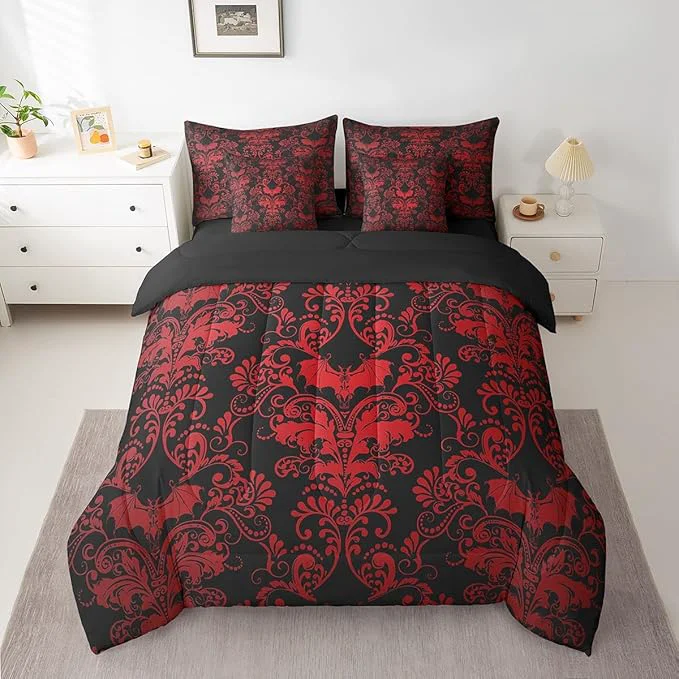 Relaxed Erosebridal Gothic Damask 7 Piece Comforter Set Full Bed in a Bag Halloween Bat Bedding Sets Red Black Victorian Floral Goth Sheet Set with Comforter Selected