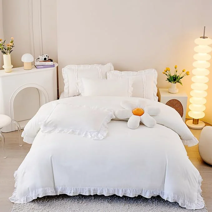 Enhanced MOOWOO Chic Ruffle Lace Polyester Duvet Cover Set -Girl White Bedding-2 Piece Twin Comforter Duvet Cover with Zipper Closure -Ultra Soft and Light Weight White Twin -NO Including Comforter Official