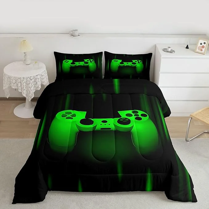 Unique Feelyou Boys Gamer Comforter Set King Size Bedding Set for Kids Gaming Comforter Green Black Video Games Gamepad Room Decor for Teens Child Super Soft Geometric Duvet Quilted Son Grandson Gift Authentic