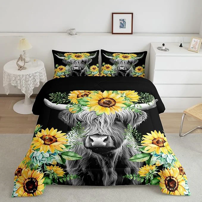 Superior Feelyou Highland Cow Bedding Set Kids Sunflower Floral Western Cow Bull Comforter Set for Girls Teens Farmhouse Wildlife Animal Comforter Black Duvet Set Room Decor Quilt Set Full Size Authentic
