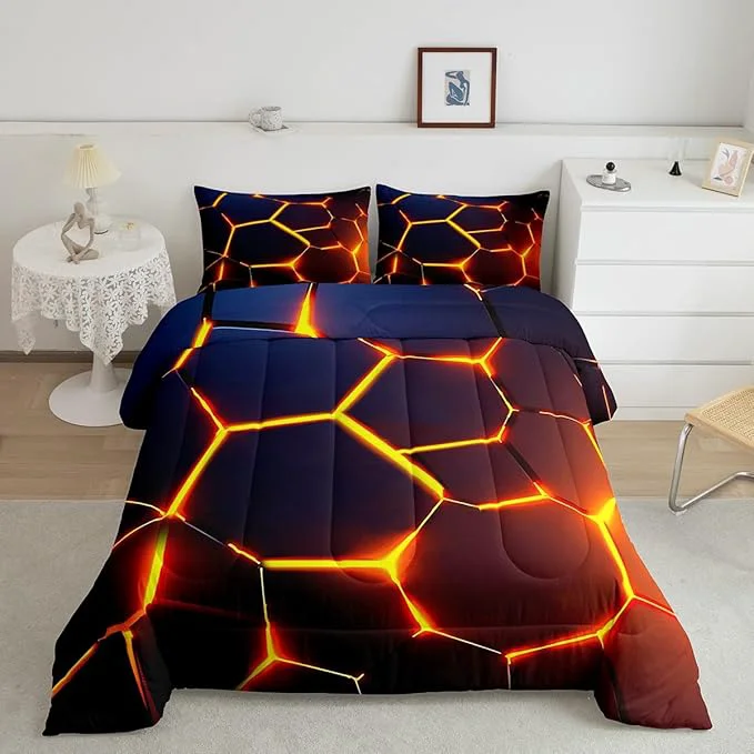 Fast Honeycomb Print Bedding Set Red Black Fire Hexagonal Pattern Comforter Set for Kids Boys Girls Teens Beehive Geometrical Comforter Breathable Simplistic Duvet Set Room Decor Quilt Set Toddler Size Top-Quality