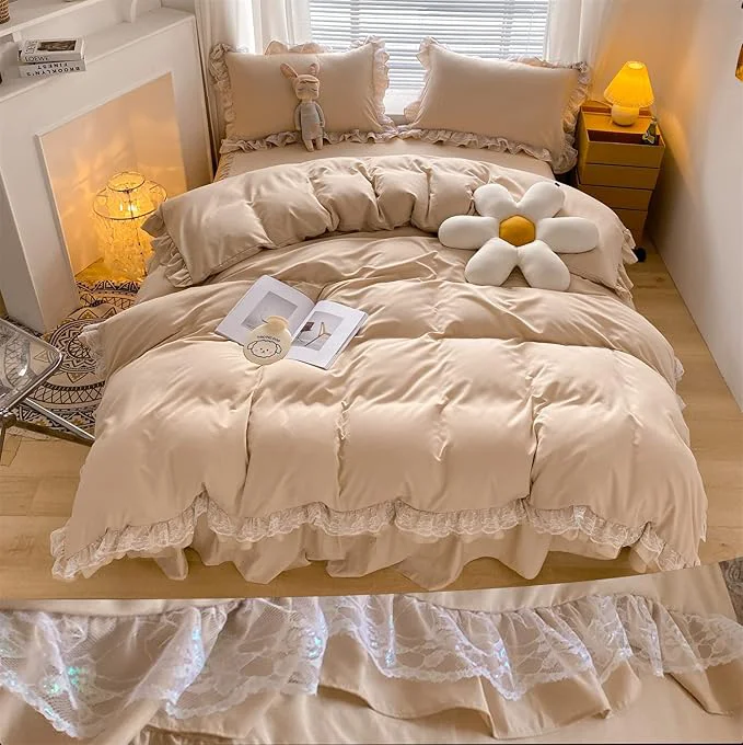 Easy-to-Use MOOWOO Chic Ruffle Lace Polyester Duvet Cover Set -Girl Black Bedding-3 Piece Queen Duvet Cover with Zipper Closure -Ultra Soft and Light Weight Champagne Queen Premium