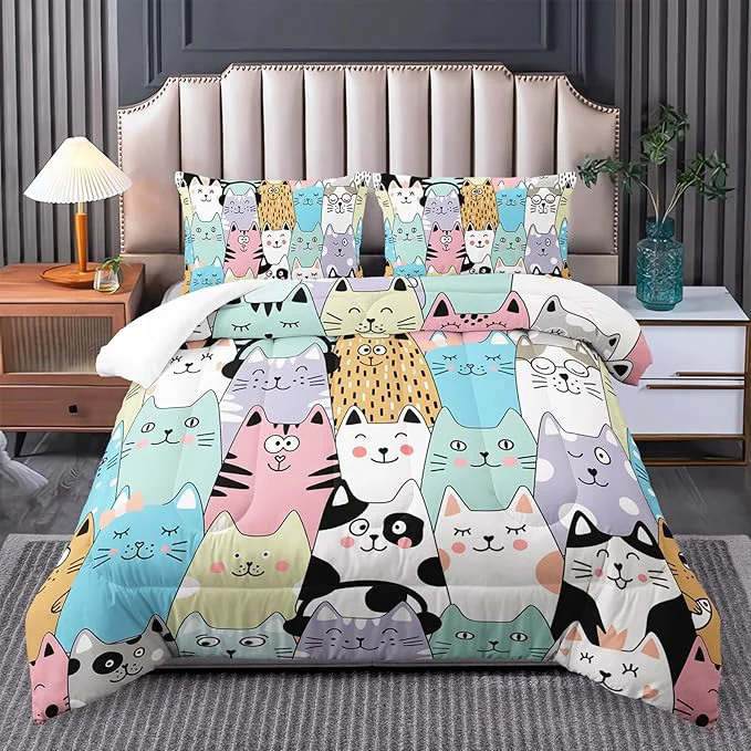 Refined Cat Comforter Set for Girls – Kawaii Cute Full Size Bedding Set with Cat Room Decor Easy-to-Use