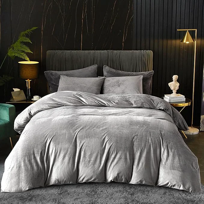 Exclusive Ivellow Velvet Duvet Cover Queen Set – Smoky Gray Velvet Comforter Cover 3Pcs Ultra Soft Duvet Breathable Solid Luxury Flannel Velour Zipper Closure Corner Tie Outstanding
