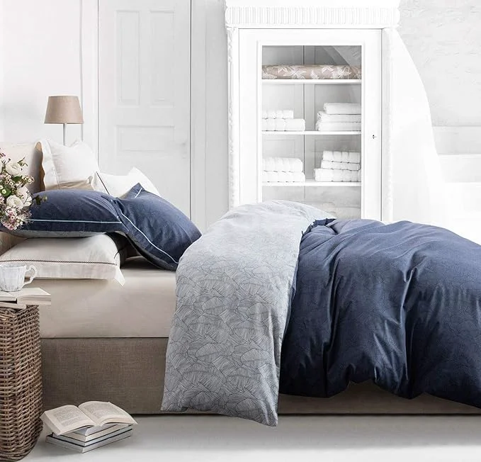 Quality SLEEPBELLA Duvet Cover King Size 600 Thread Count Cotton Navy amp Grey Printed with Luxurious Blue Leaves Pattern Reversible Botanical Comforter Cover Sets Bedding Set 3Pcs King Navy-Blue Leaves Powerful