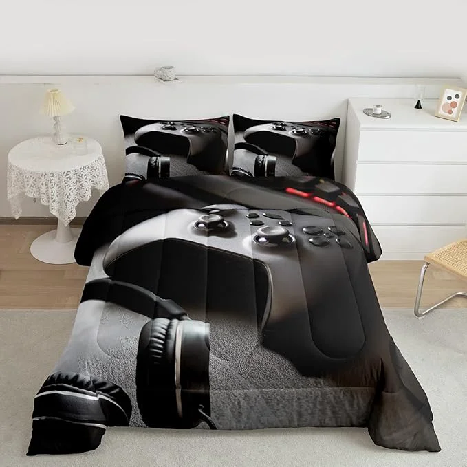 Breathable Feelyou Gaming Bedding Set Boys Game Controller Comforter for Kids Girls Teens Modern Gamer Headset Comforter Set Youth Gaming Console Video Game Decor Duvet Set with 1 Pillow Case Toddler Size Black Pure