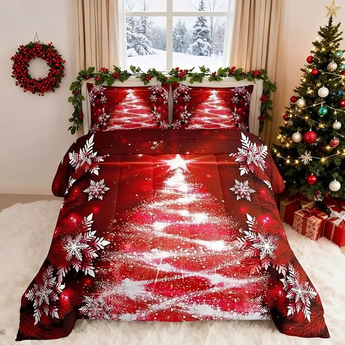 Powerful Feelyou Christmas Tree Comforter Set for Children Kids Boys Girls Luxury Chic Xmas Theme Bedding Set Glitter Snowflake Star Comforter Microfiber Red Duvet Set Room Decor Quilt Set Full Size Reusable