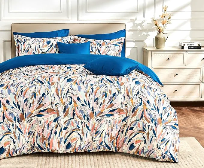 Long-Lasting King Size Duvet Cover Set with Button Closure – Multicolor Leaves Botanical Luxury Bedding for a Comfortable Sleeping Practical